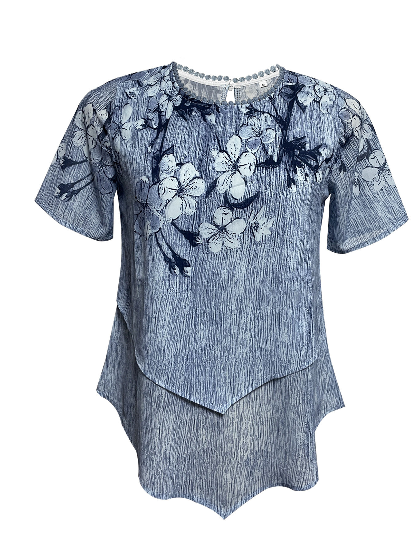Floral Print Layered Short Sleeve Top Irregular Hem Round Neck Summer Style Wholesale Availability