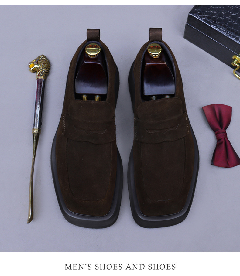 Giày loafer nam da bò lộn đế dày mũi vuông phong cách công sở — đen, màu nâu mocha
