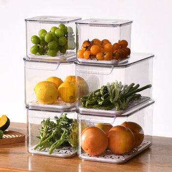 Refrigerator storage box with lid vegetable and fruit draining crisper grains food drinks transparent refrigerator storage PET