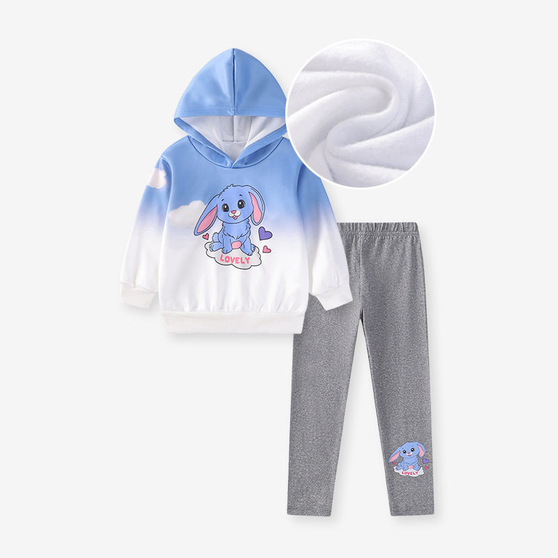 Girls' Cute Hooded Set, Autumn Fleece-Lined Kids' Outfit
