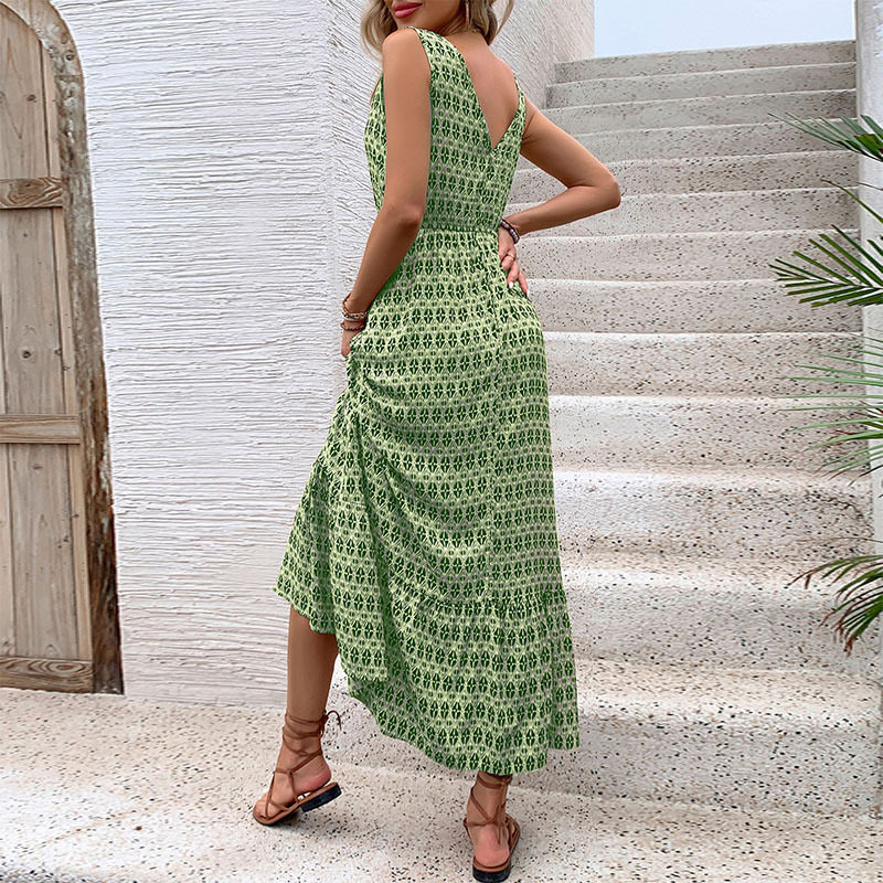 Elegant Geometric Print Sleeveless Dress Summer Casual Wear Waist Defining Design Available for Wholesale