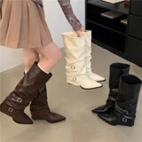 Брюки из мягкой кожи с заостренными краями, высокие сапоги-тюбики, женские плиссированные сапоги на высоком каблуке, рыцарские сапоги в стиле панк на толстом каблуке, сапоги на высоком каблуке для горячих уличных девушек