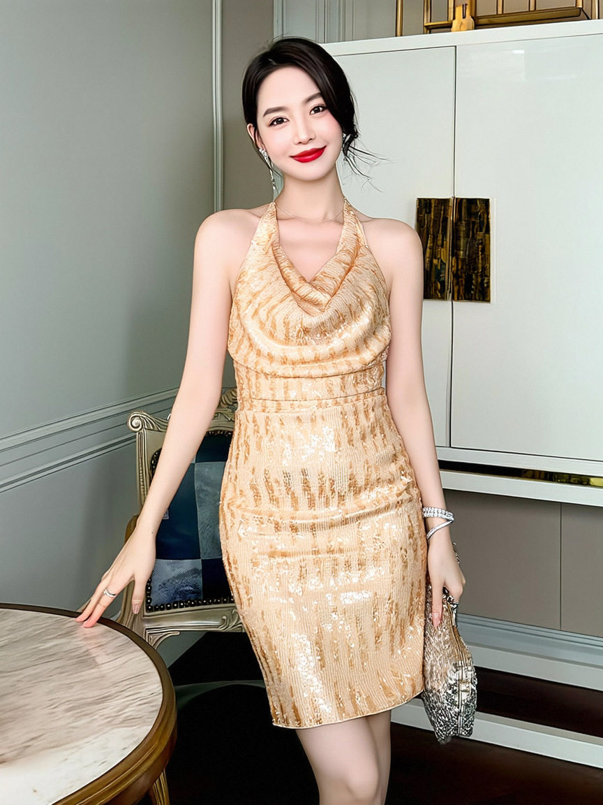 Đầm ôm body nữ cổ yếm đính đá lấp lánh — [Màu champagne] chi tiết 7