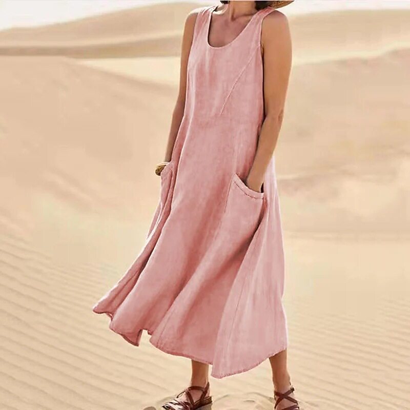 Summer Womens Cotton Linen Dress Sleeveless Round Neck Pocket Design Casual Wear for Everyday Use Wholesale