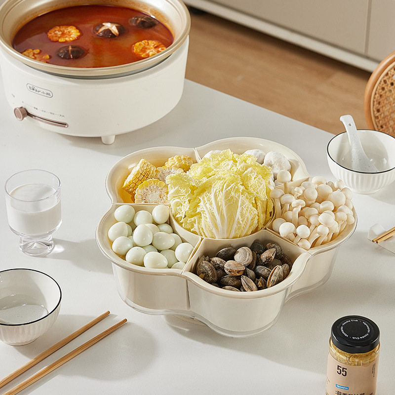 Rotating Hot Pot Vegetable Double-Layer Platter with Vegetable Washing Basin and Draining Basket, Creative Multifunctional Food Preparation and Side Dish Tray for Home Use