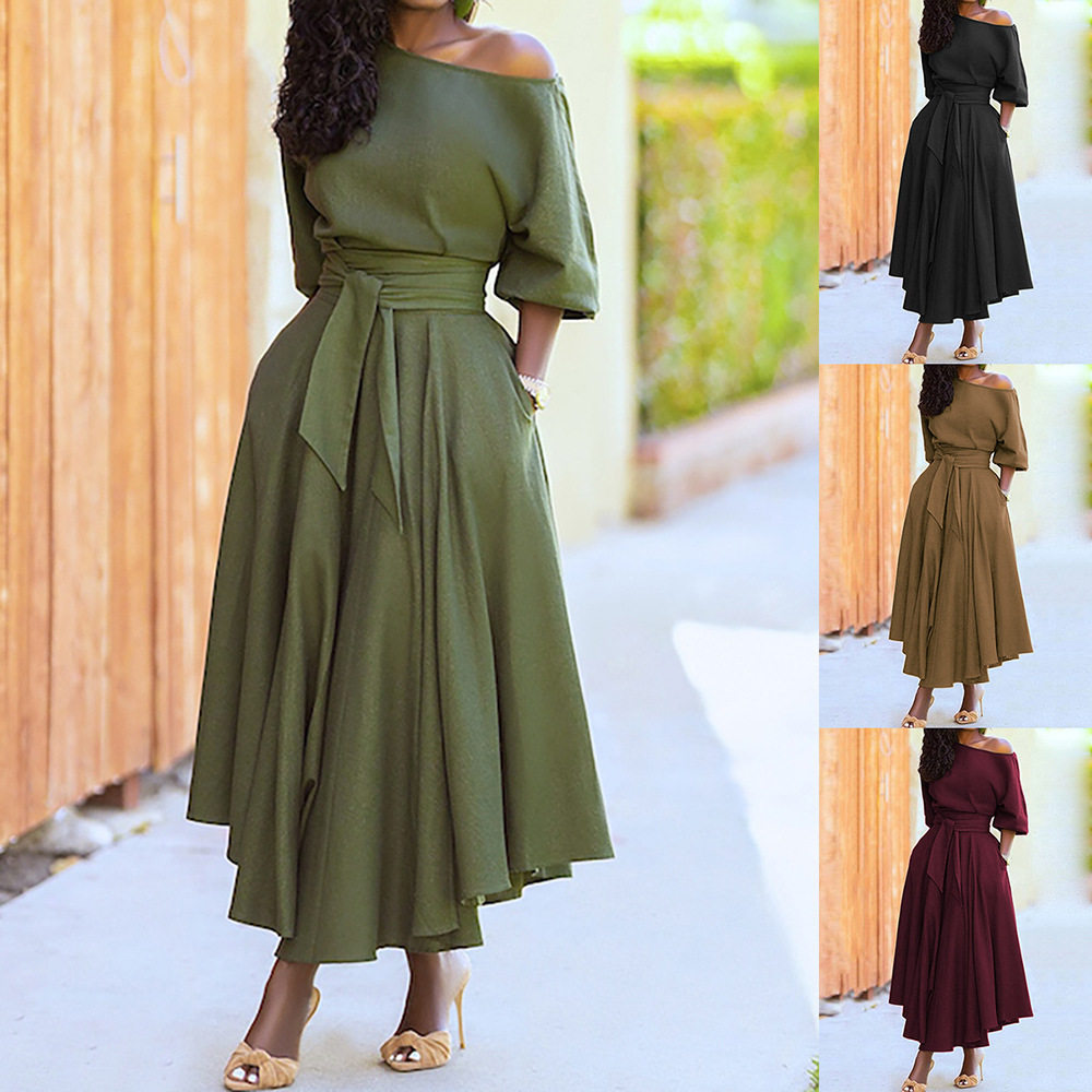 Elegant One Shoulder Tie Waist Long Sleeve Dress Solid Color Spring Collection Womens Fashion Wholesale Available
