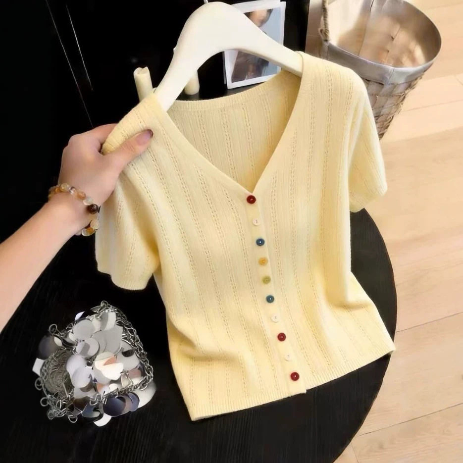 French style V-neck hollow thin knitted cardigan for women 2...