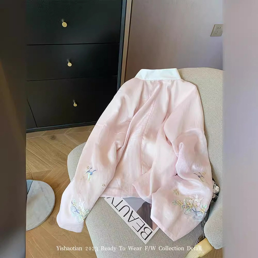 New Chinoiserie Pink Embroidered Stand-Up Collar Long-Sleeved Shirt for Women 2025 Spring & Fall National Style Gentle and Sweet Elegant Light Top