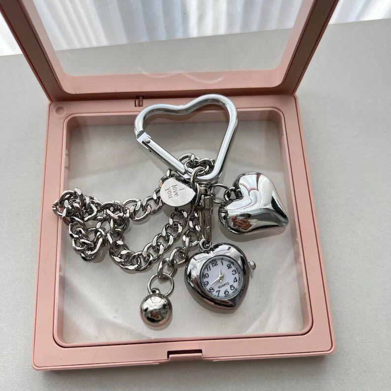 Ins New Chain Heart Clock Pendant Mobile Phone Case Keychain Pendant Wrist Strap Mobile Phone Lanyard Accessories