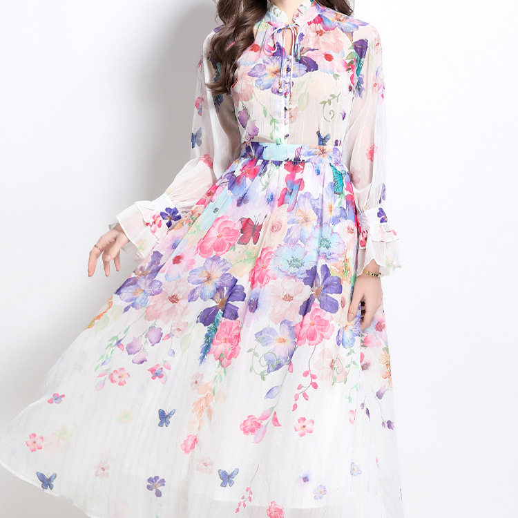 Chic Lantern Sleeve Printed Chiffon Top with Tie High Waist Flowing A Line Skirt Set Elegant for Parties and Events