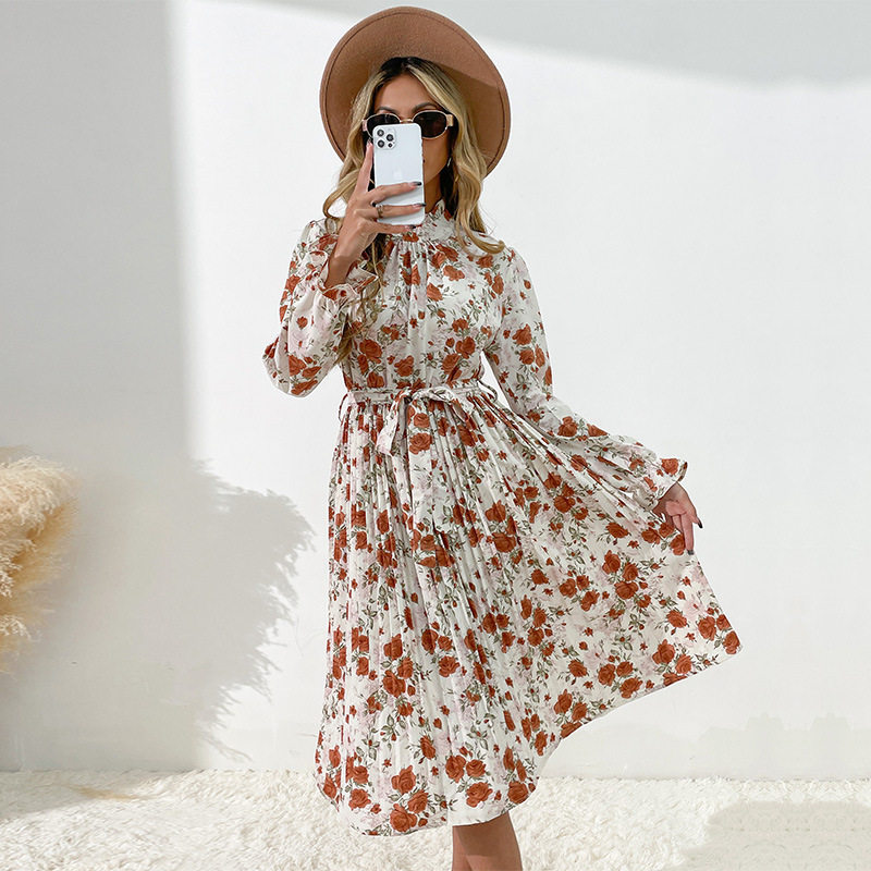 Floral Long Sleeve Midi Dress High Neck Elegant Design Trendy Style Perfect for Parties and Events Wholesale
