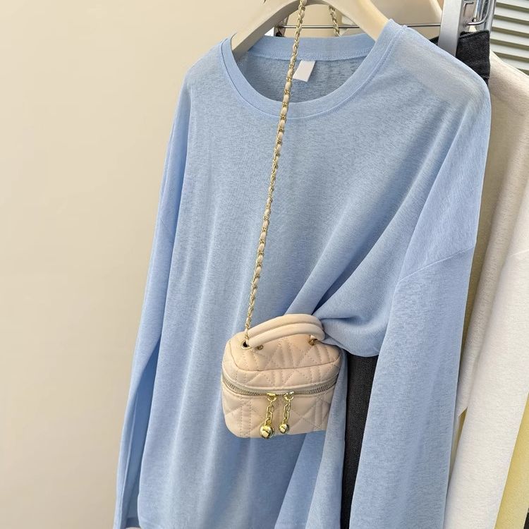 Lightweight Blue Ice Silk Knit Long Sleeve Sun Protection Top Loose Fit Slimming Design Summer Essential Wholesale