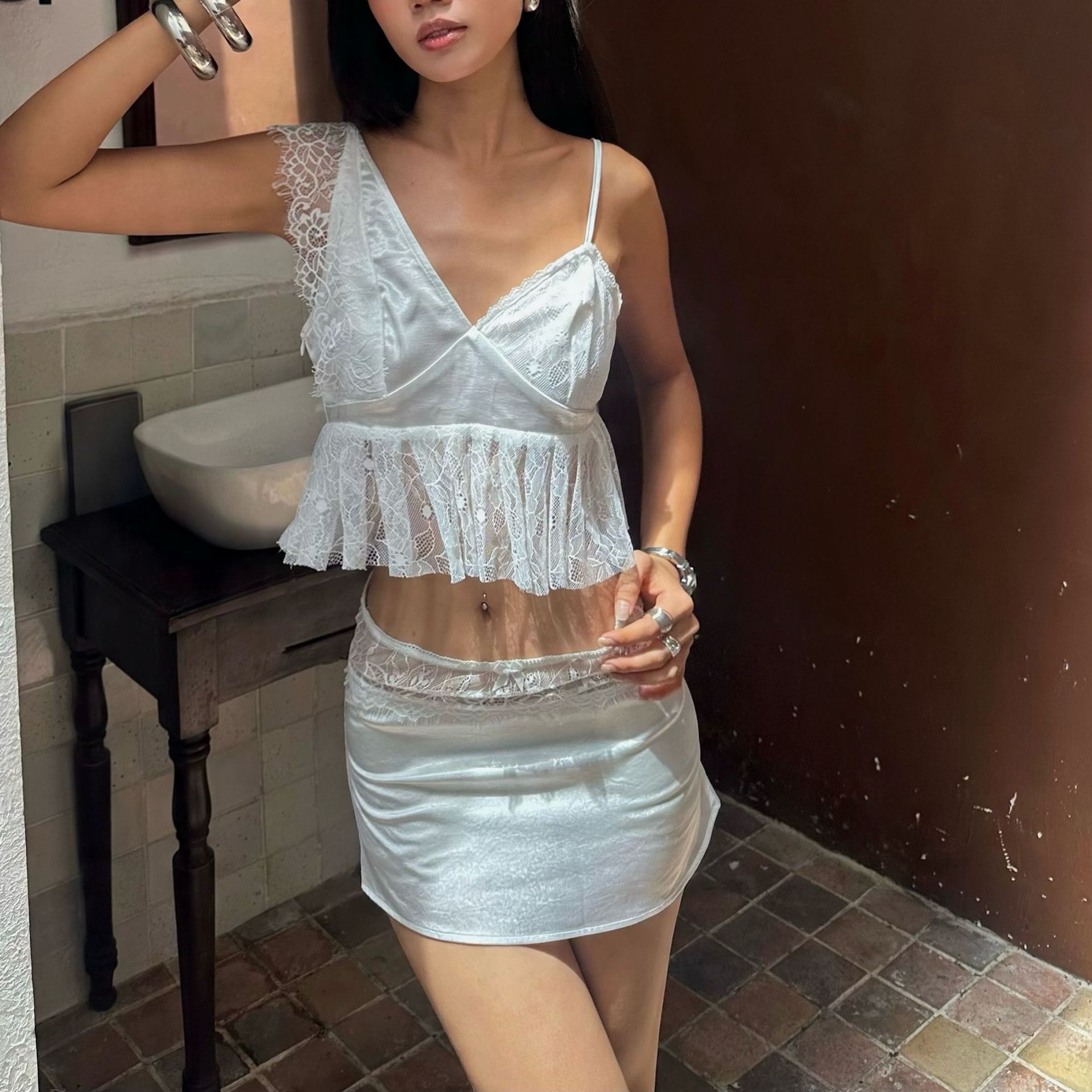 French Style Lace Trimmed Cami Top and Bodycon Skirt Set Summer Collection Elegant Casual Wear Wholesale Available