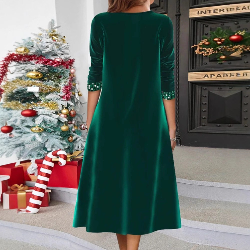 V Neck Long Sleeve Dress Solid Color Sequin Detail Elegant Style Perfect for Autumn and Winter Wholesale Available