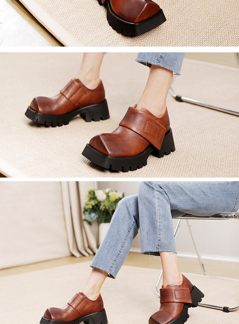 Giày da bò mũi vuông đế dày phong cách cổ điển cho nữ — Màu đen