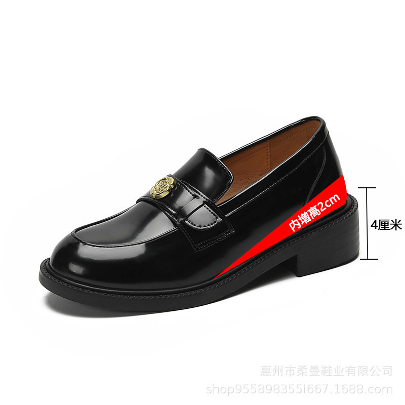 New Leather Version in Stock, Autumn and Winter Fleece-Lined Thick-Soled Slip-On Genuine Leather Loafers with Hidden Height Increase for Women