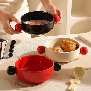Creative Contrasting Color Salad Bowl Ceramic Double-Handle Bowl Fruit Salad Bowl Instant Noodle Bowl Microwave Oven Baked Rice Bowl