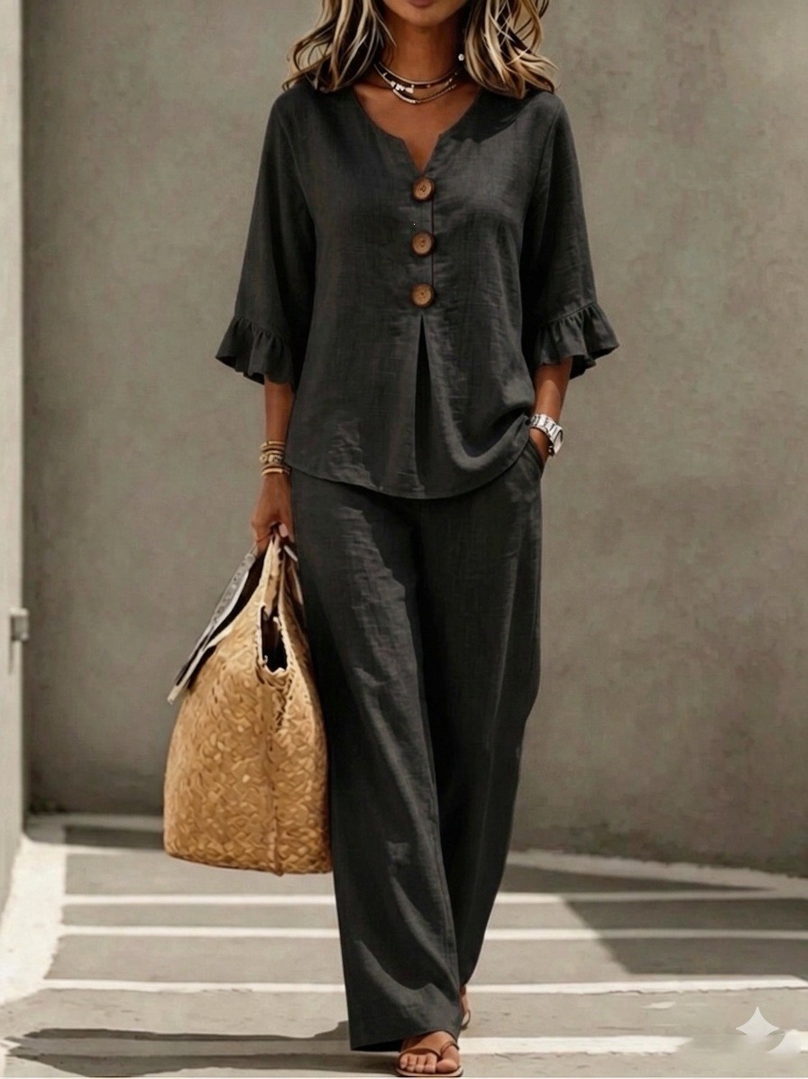 Summer V Neck Casual Top and Long Pants Set Short Sleeve Pocket Design Comfortable Fabric Perfect for Everyday Wear