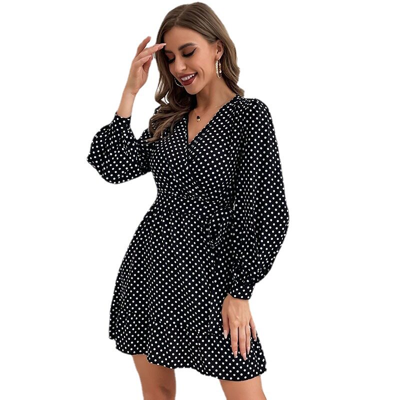 Polka Dot Long Sleeve V Neck Black Dress Trendy Design Elegant Style Perfect for Parties Wholesale Available