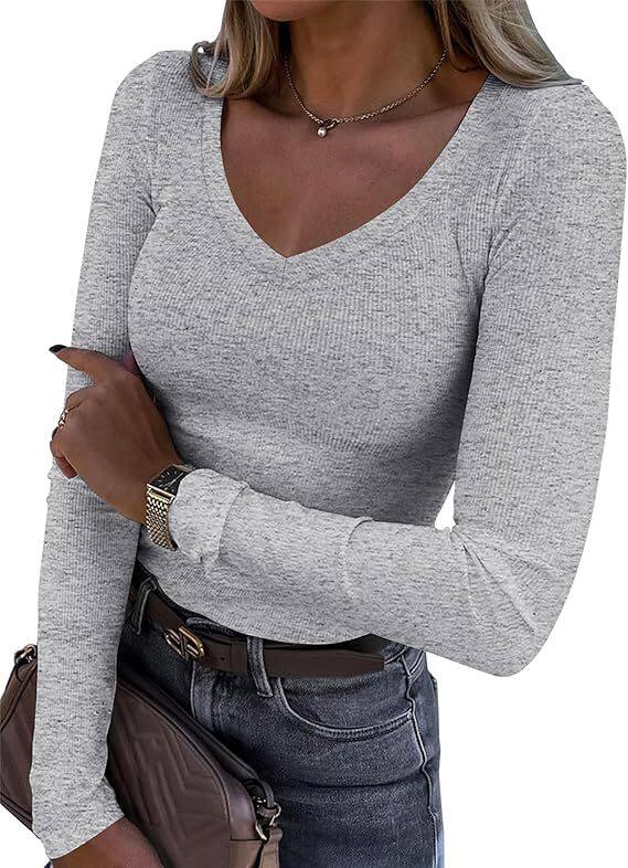 跨境亚马逊新款欧美爆款螺纹坑条修身长款长袖性感V领休 闲女T