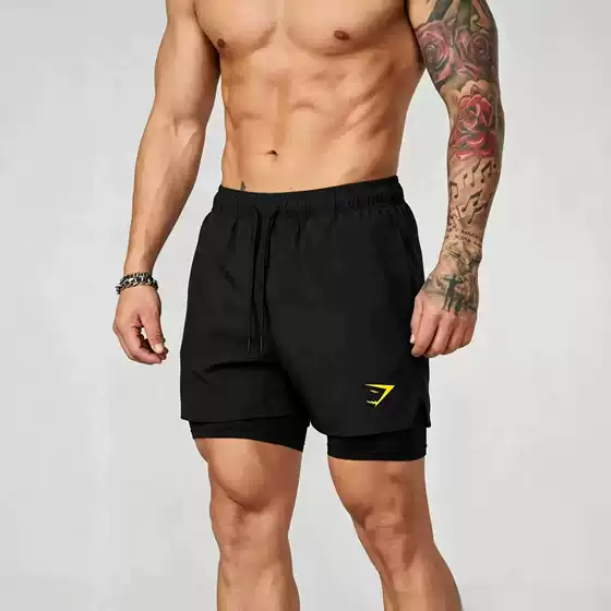 Gymshark Men's Shorts 2-in-1 Double-Layer Shorts Muscle Sports Training Fitness Casual Loose Printed Shorts