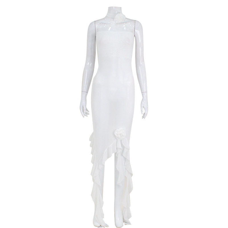Chic Bodycon Dress Strapless Ruffled Hem Mesh Overlay Elegant Evening Wear Wholesale Available