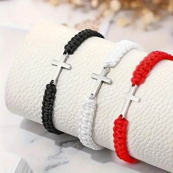 Cross-border e-commerce simple fashion couple friendship bracelet hand woven stainless steel cross hand rope red and black suit