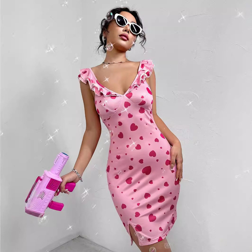 Floral Print Sleeveless Dress Elegant Ruffle Design Sexy Silhouette Perfect for Summer Events Ready to Ship