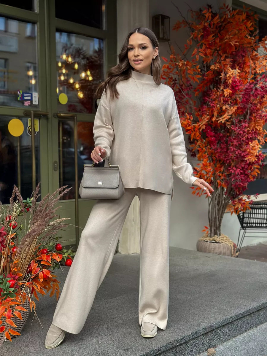 Womens Autumn Winter Oversized Sweater and Pants Set Long Sleeve Casual Split Design Perfect for Everyday Wear