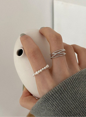 法式复古淡水珍珠金属交错开口戒指女韩国个性百搭气质指环冷淡风