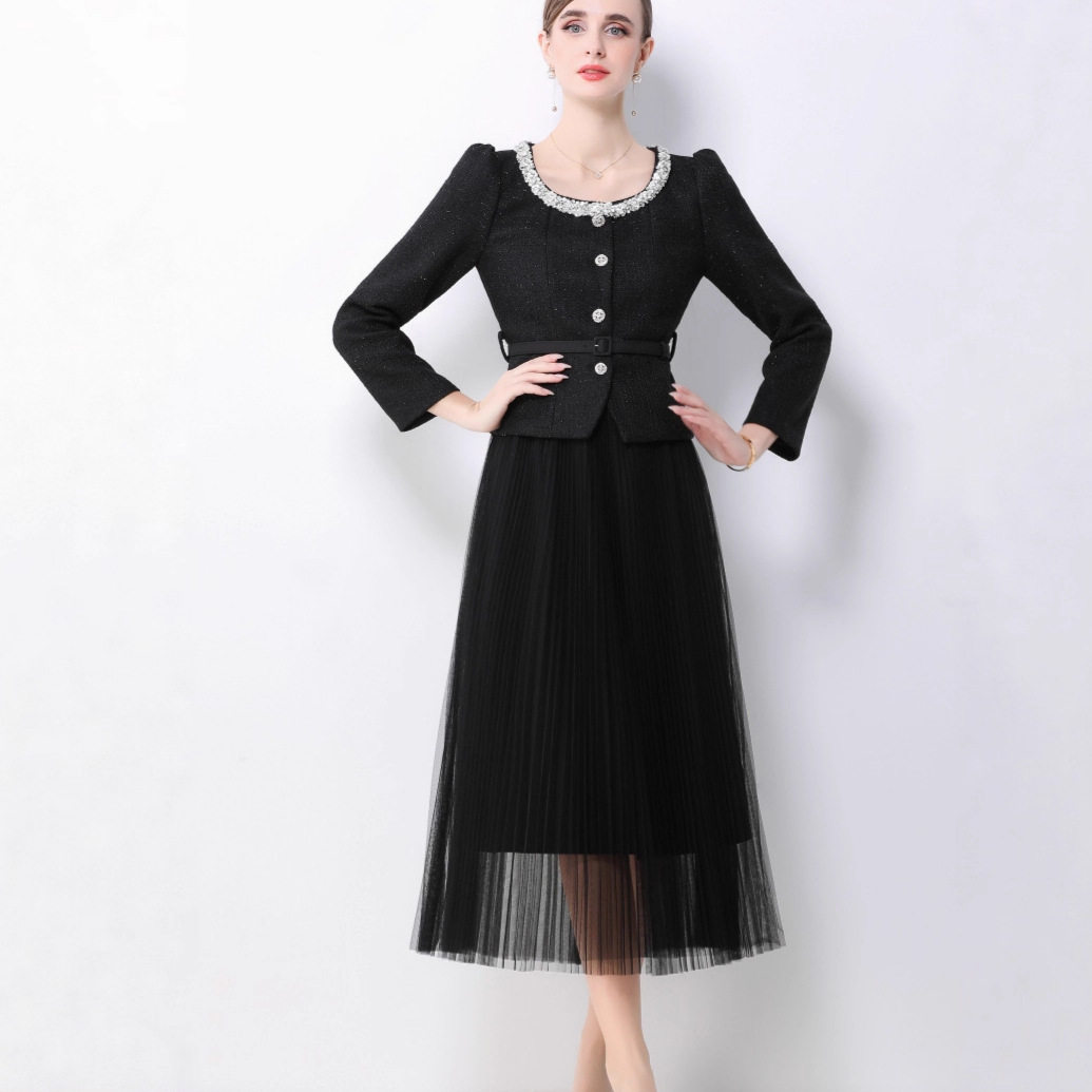Chic Womens Suit Jacket Beaded Round Neck Waist Cinched Design High Waisted Tulle Pleated Skirt Elegant French Style