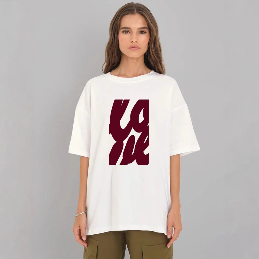 Womens Casual Loose Fit Cotton T Shirt Summer Short Sleeve Round Neck Simple Letter Print Versatile Everyday Wear