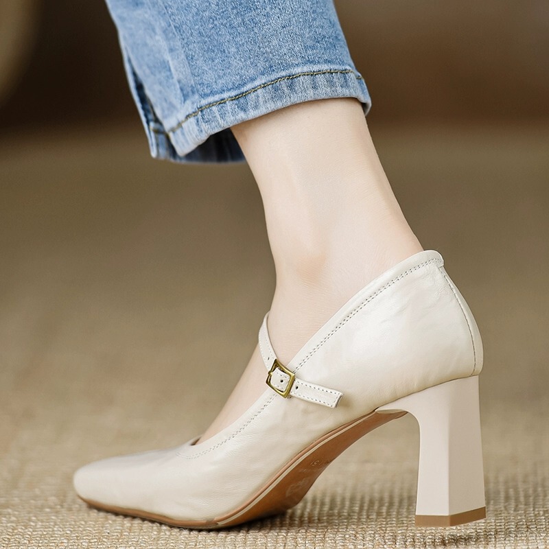 Giày Mary Jane nữ mũi vuông quai ngang phong cách cổ điển — Màu đen 5cm, Màu đen 7cm, Màu đỏ 5cm, Màu đỏ 7cm