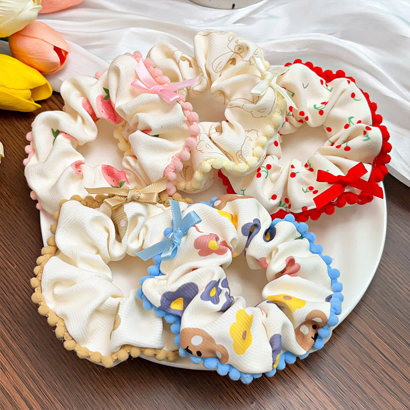 Spring and Summer Sweet Floral Bow Large Intestine Hair Ring Headdress Cute Cherry Hair Rope Girl Ball Hair Accessories for Women