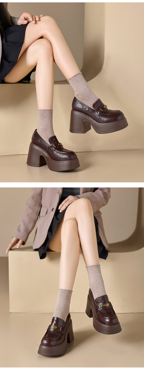 Giày lười nữ đế dày tăng chiều cao, mũi tròn da cừu, gót thô 10cm — màu đen, Màu nâu