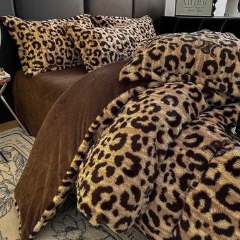 Leopard Print Rabbit Plush Four-Piece Set Thickened Warm Milk Velvet Bedding Set Machine Washable Bedding Wholesale Cross-Border Dropshipping