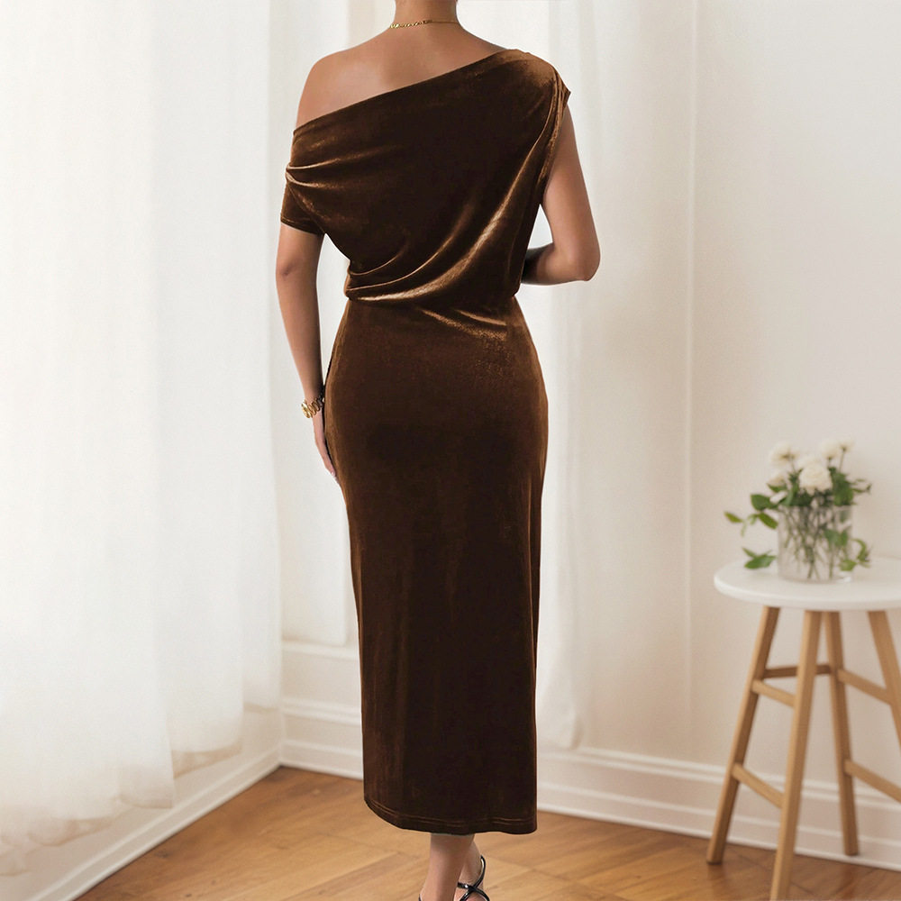 Velvet One Shoulder Dress Slim Fit Side Slit Elegant Design Spring Summer Party Gown Wholesale Available