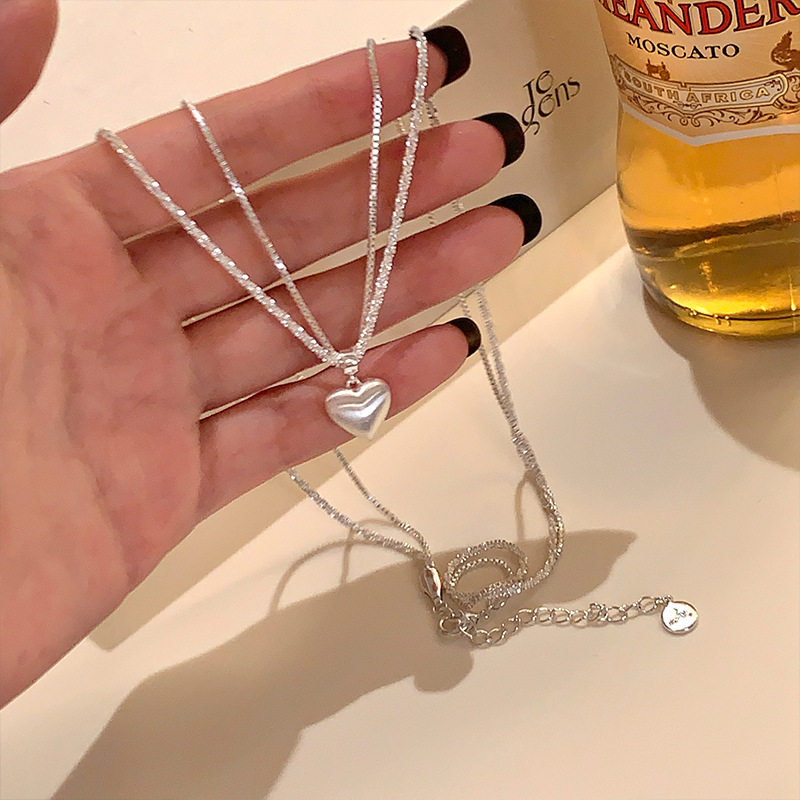 Sparkling Super Flash Double-Layer Brushed Love Pendant Necklace Women's Light Luxury Niche High-End Clavicle Chain Necklace