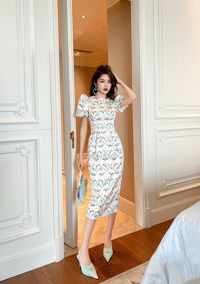 Đầm ôm body nữ cổ tròn tay bồng họa tiết hoa — [Xanh lá] chi tiết 10