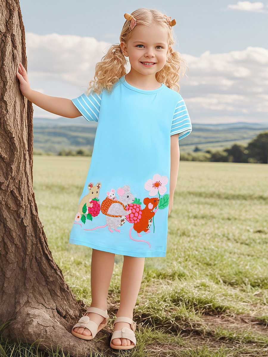 Girls' Cartoon Short-Sleeve Dress, Summer Cotton Kids' Dress