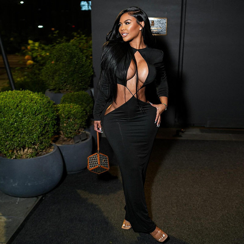 Winter Womens Sexy Hollow Out Bodycon Dress Long Sleeve Waist Cutout Elegant Design Perfect for Parties and Events