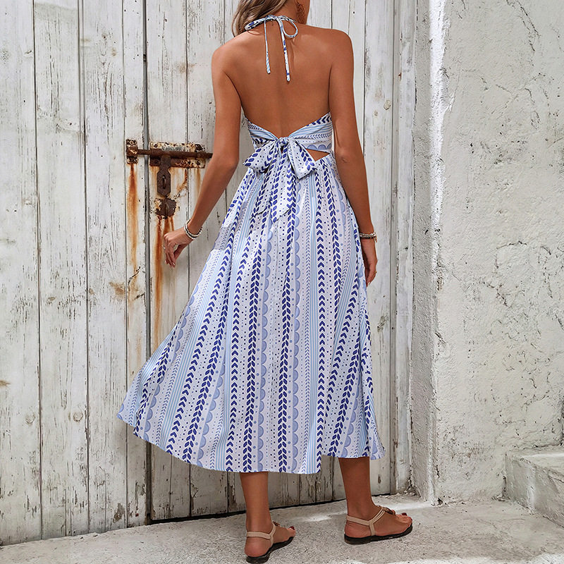 Geometric Print Halter Dress Summer Style Beach Vacation Ready Lightweight Fabric Comfortable Fit Wholesale