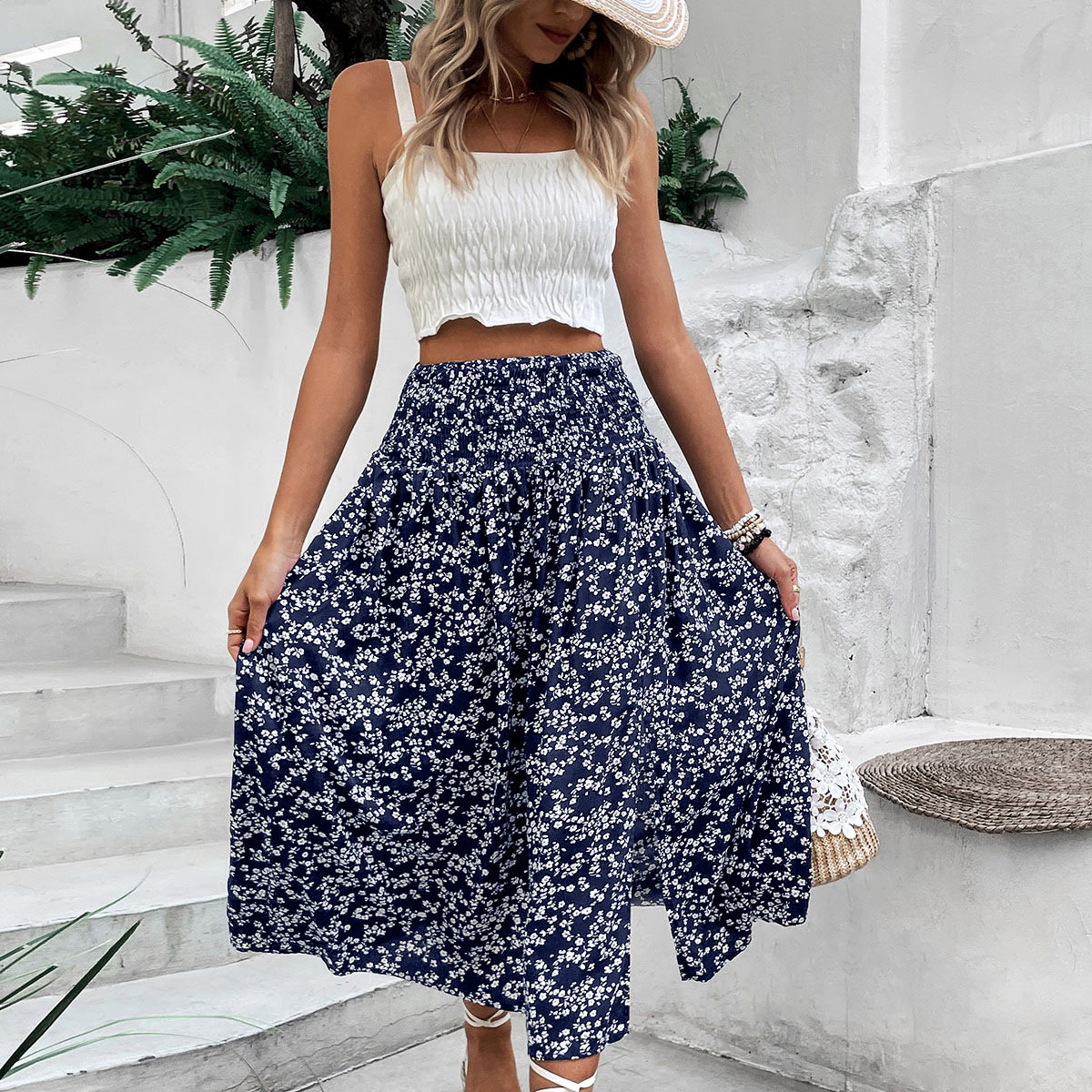 Summer Floral Midi Skirt Casual Fresh Style Blue Color Perfect for Vacation Wear Wholesale Available