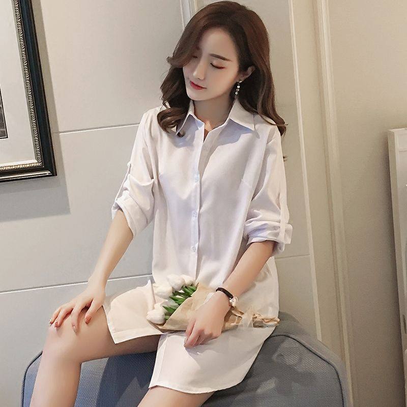 白衬衫女春秋新款长袖宽松韩版百搭大码女中长款BF打底衬衣寸女式