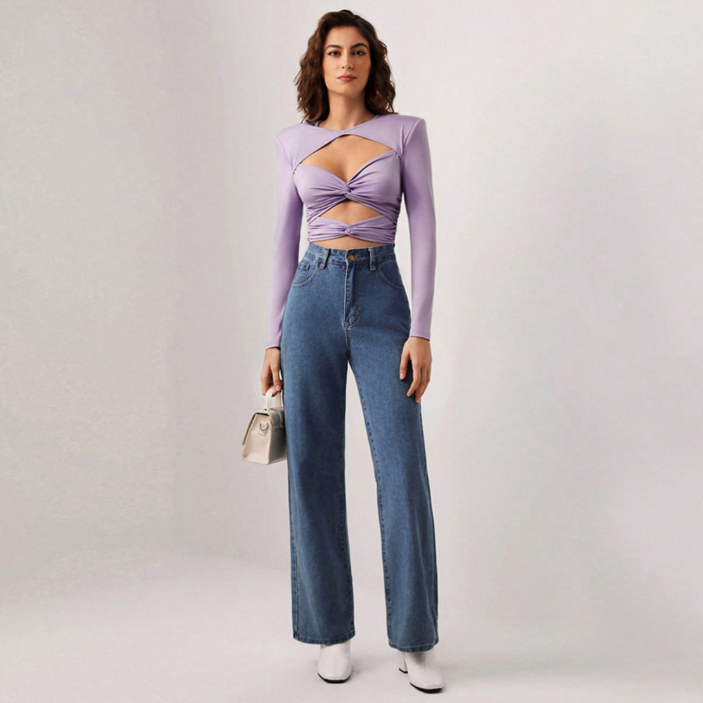 Sexy Hollow Out Long Sleeve Crop Top Slim Fit Milk Silk Fabric Trendy Design Perfect for Parties or Night Out