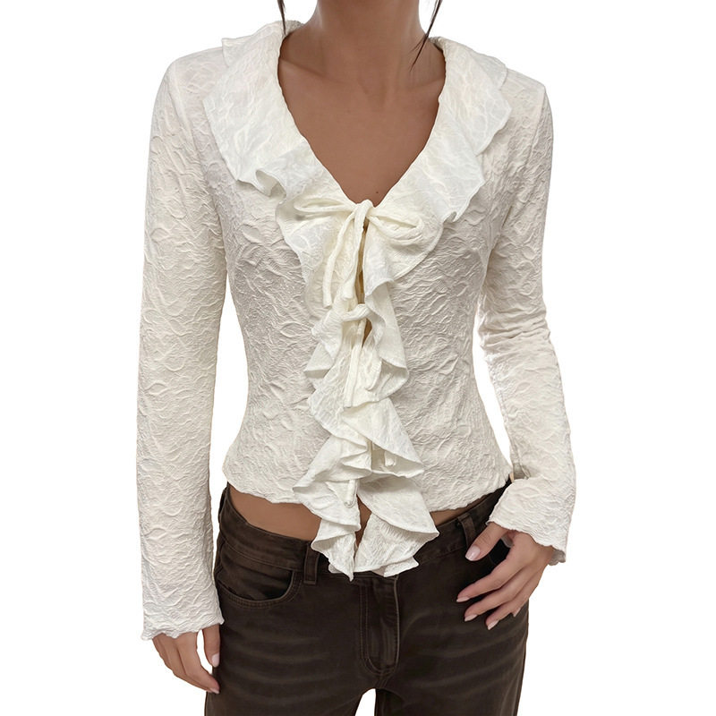 Long Sleeve V Neck T Shirt Solid Color Ruffle Hem Korean Style Casual Wear for Women OEM Available