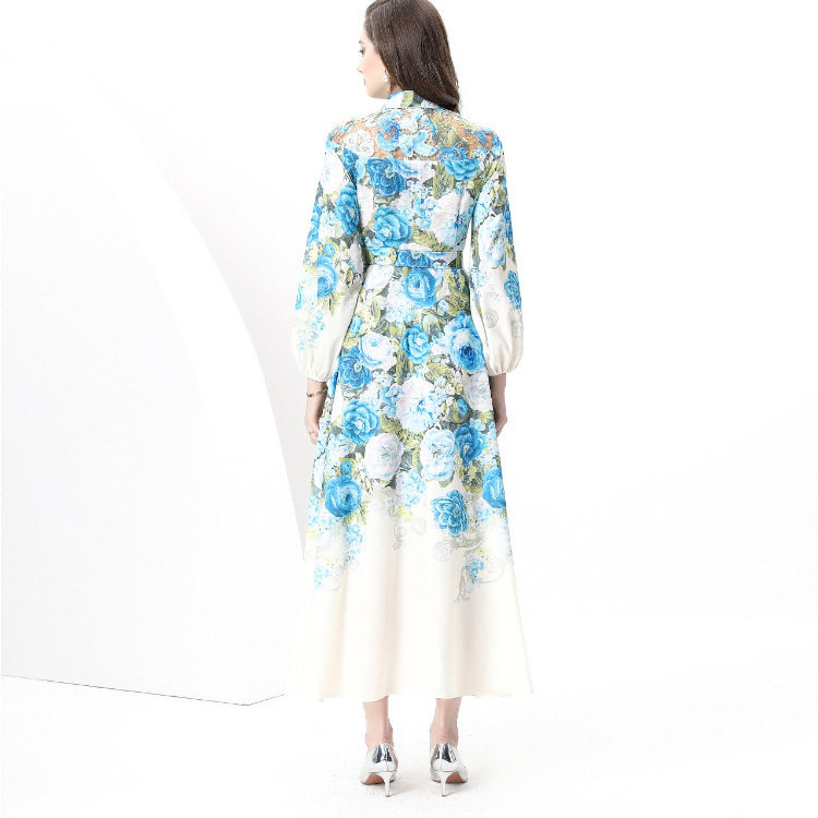 French Style Womens Vacation Dress Waist Defined Lantern Sleeves Floral Print Button Closure Flared Long Skirt