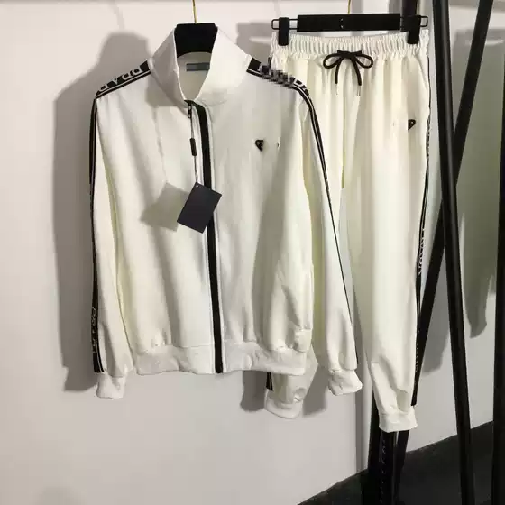 Shenzhen South Oil Goods High end Women's Triangle Logo Collar Long Sleeve Zipper Coat+Ribbed Edge Elastic Waist Casual Pants