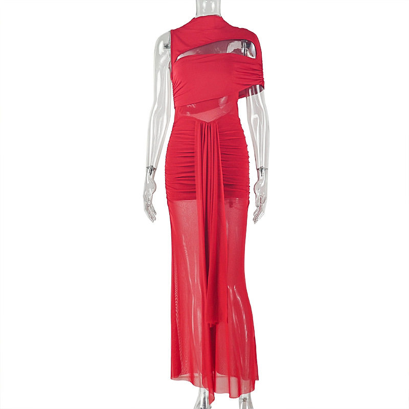 Asymmetrical Ruched Bodycon Dress Sleeveless Round Neck Waist Cinching Elegant Casual Wear for Women OEM Available