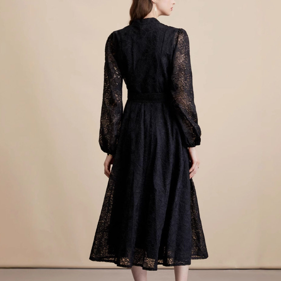 Elegant French Style Lace Embroidered Dress High Quality Fabric Tailored Fit Button Closure Flared Skirt Perfect